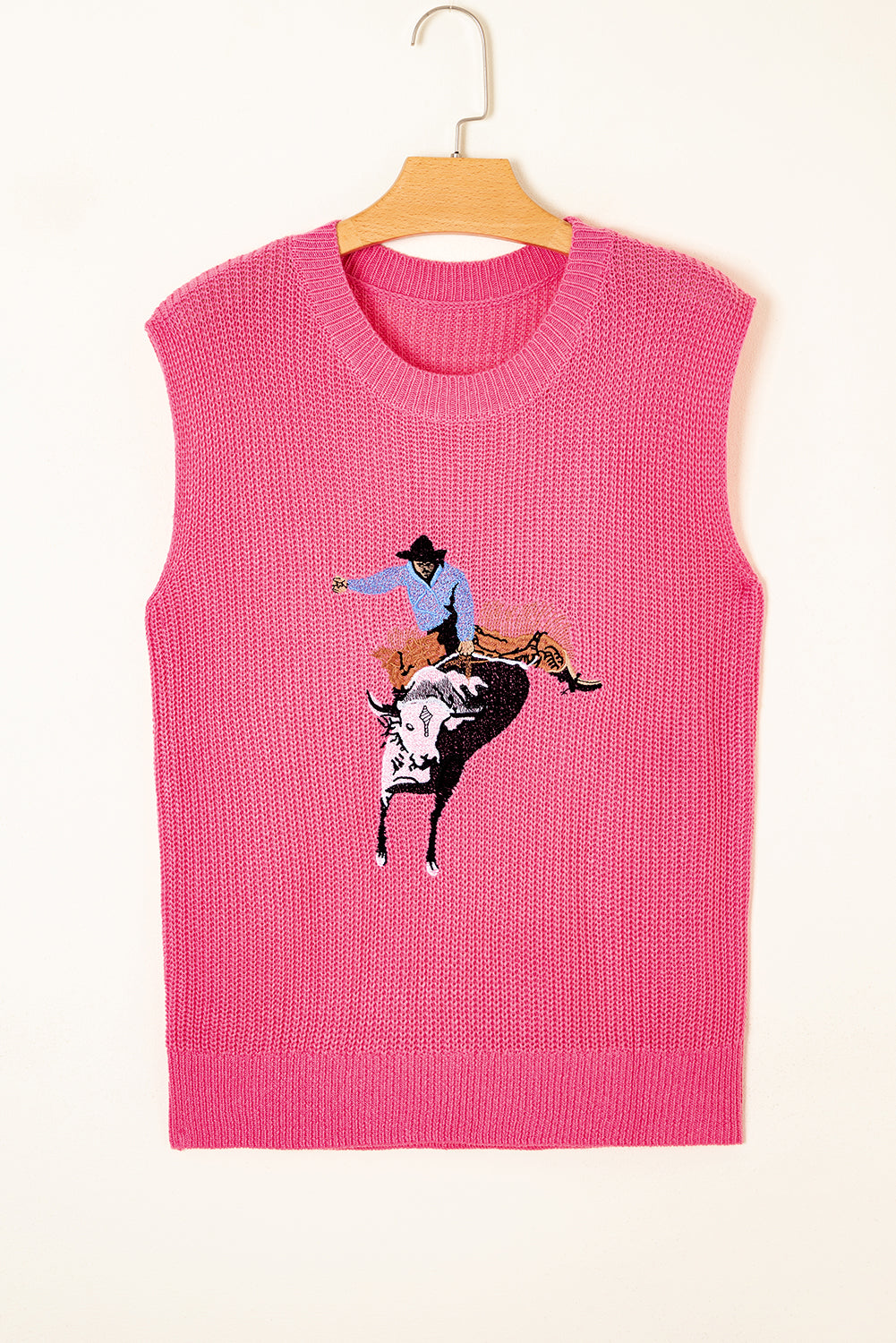 Western Cowboy Embroidered Round Neck Sleeveless Sweater