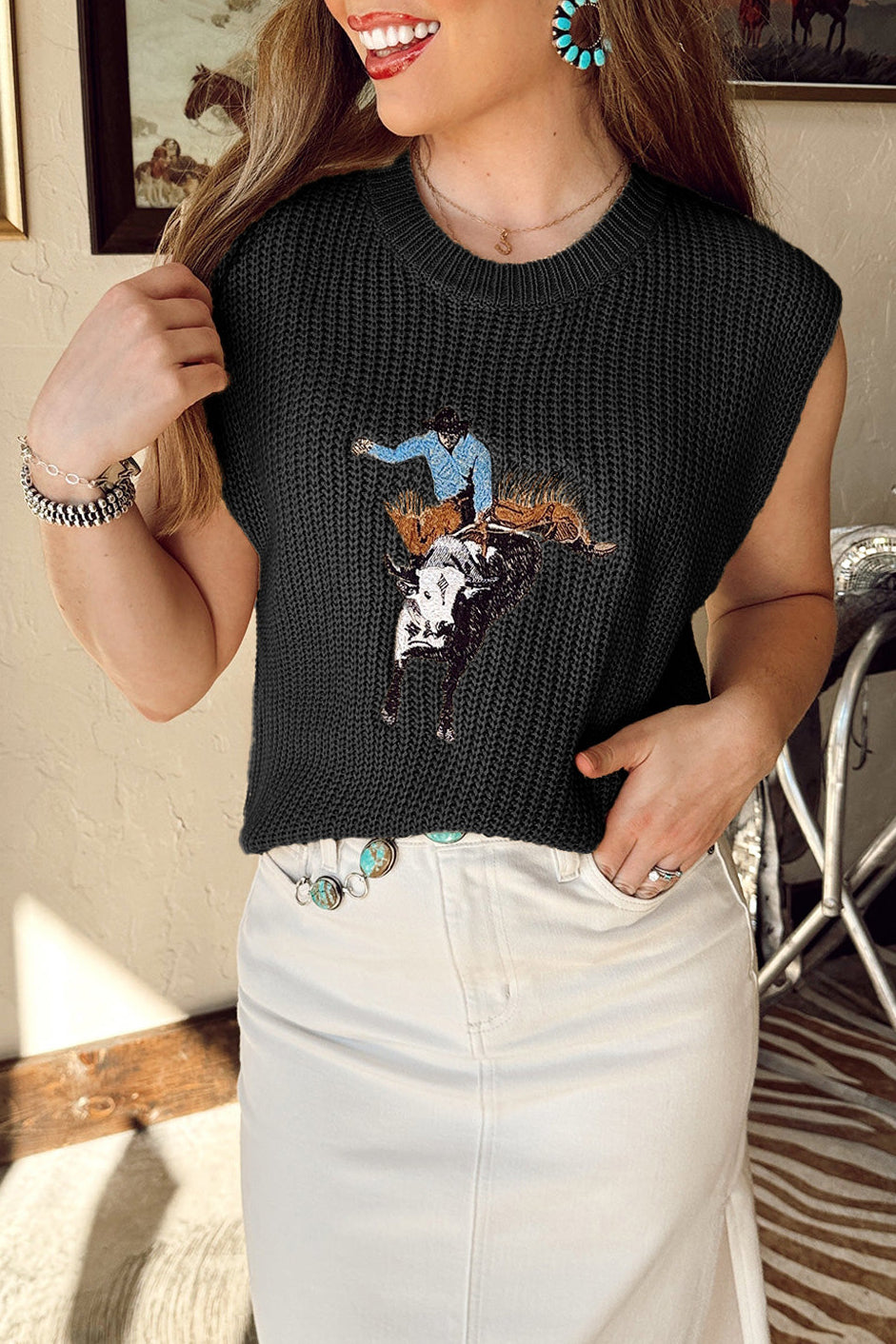 Western Cowboy Embroidered Round Neck Sleeveless Sweater